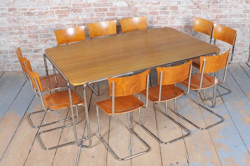 Bauhaus Dining Table, attributed to R. Slezák, Chrome, Polished Oak, Czech, 1930s
