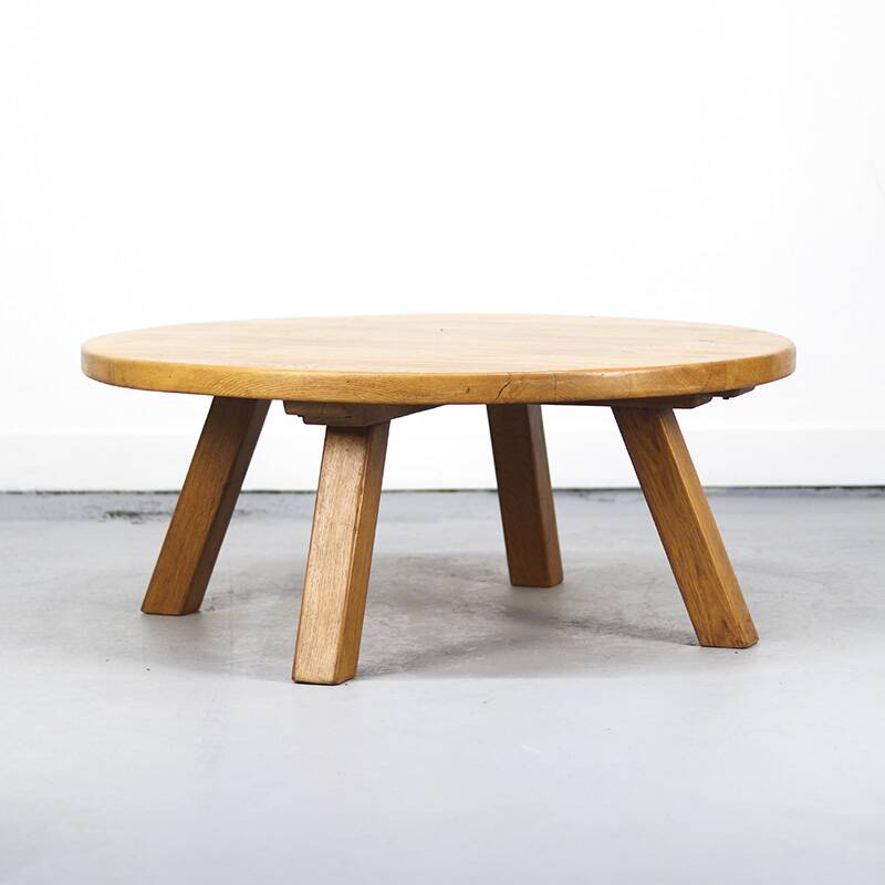 Large Round Rustic Vintage Brutalist Coffee Table in Oak