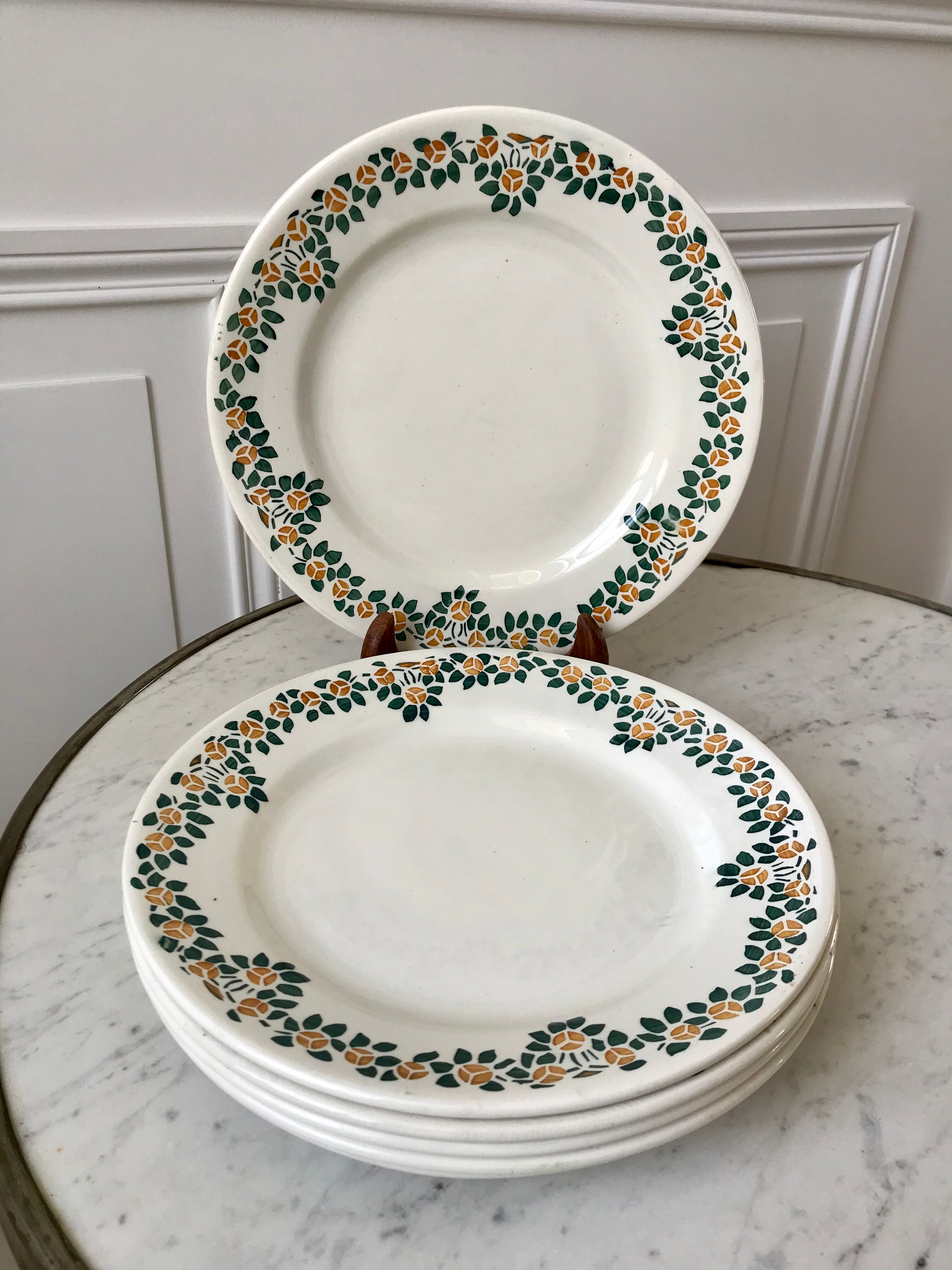 Set of 6 flat plates earthenware New Givors model "RIta" 30s