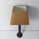 turned wooden lamp with spool base and vintage copper shade