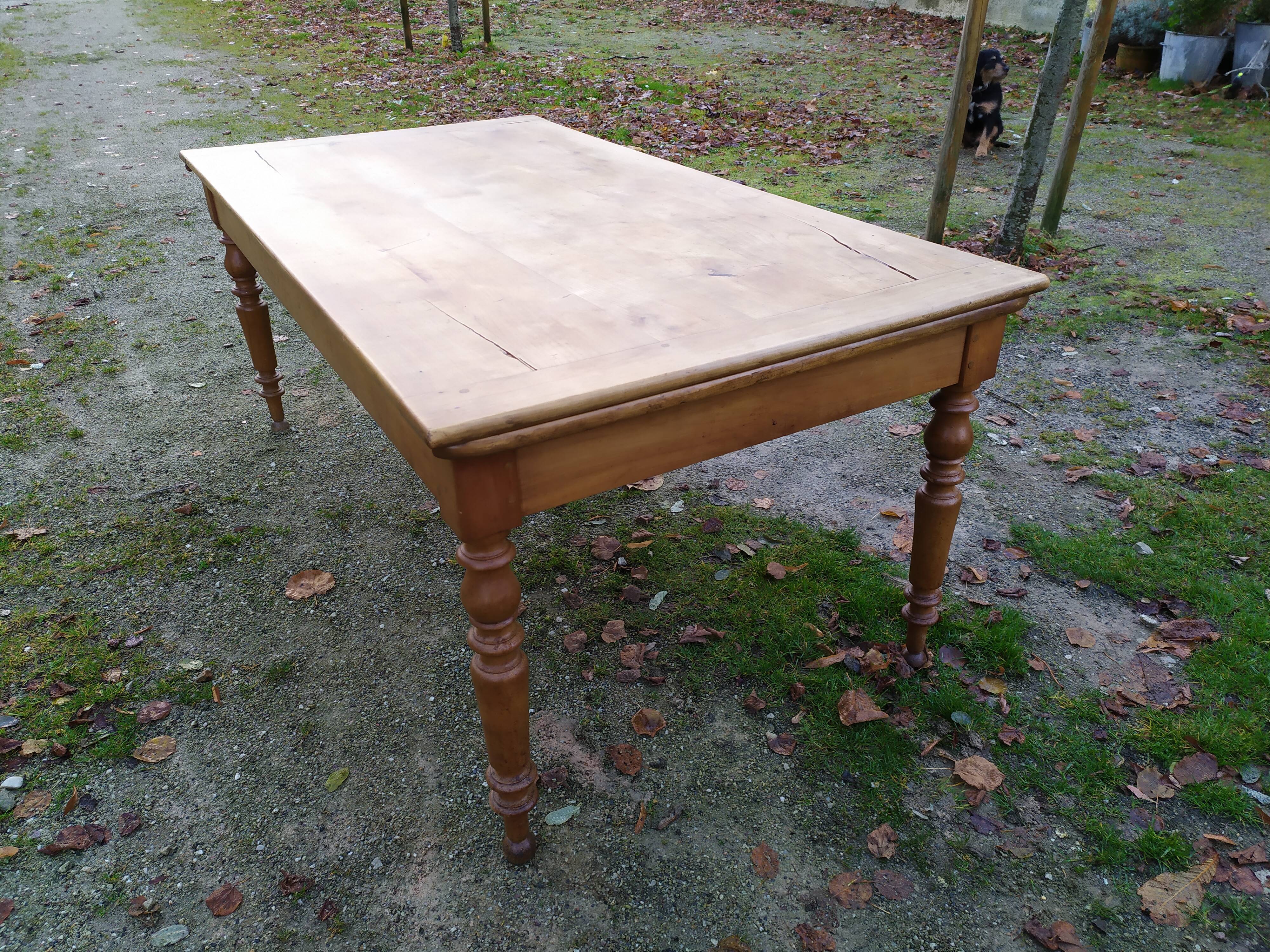 Cherry farm table, turned legs, 2 extensions