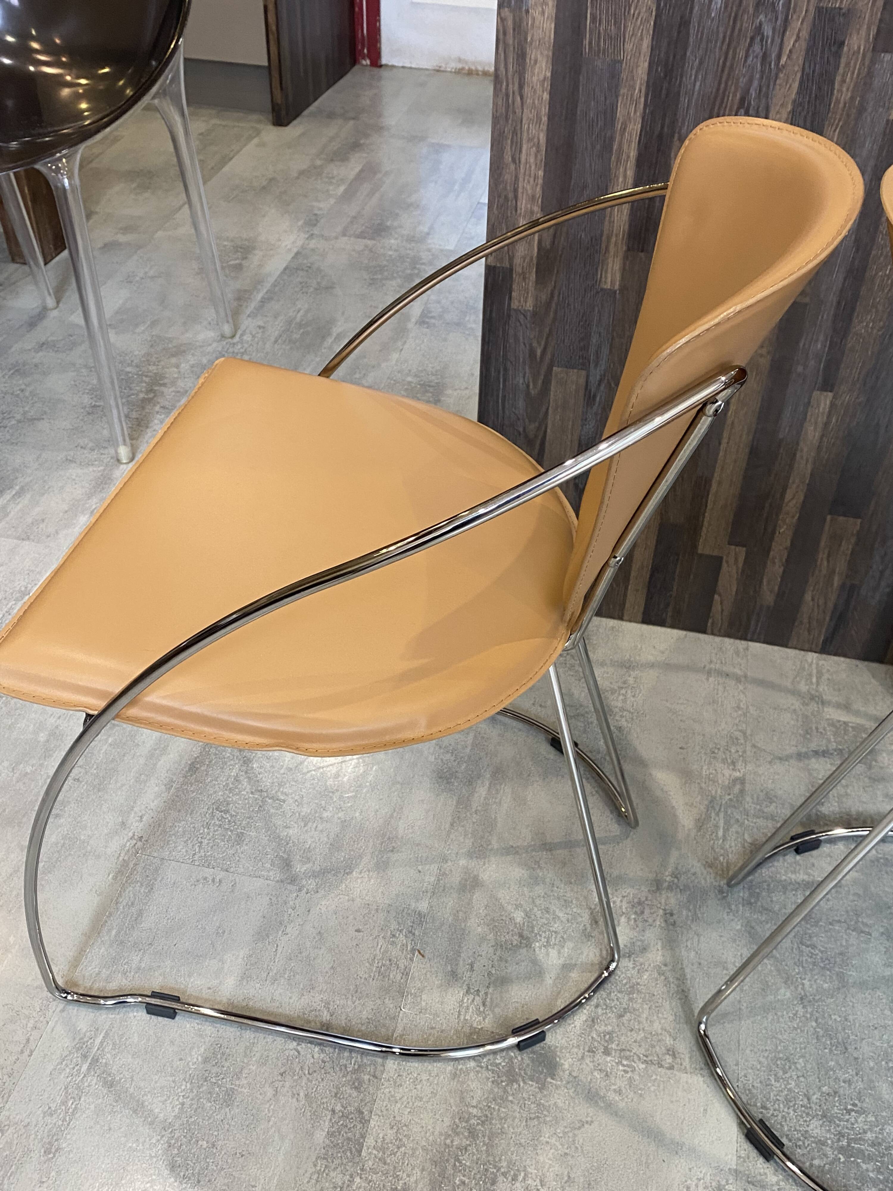 Set of 4 Linda armchairs by Arrben in camel leather with a chrome frame.