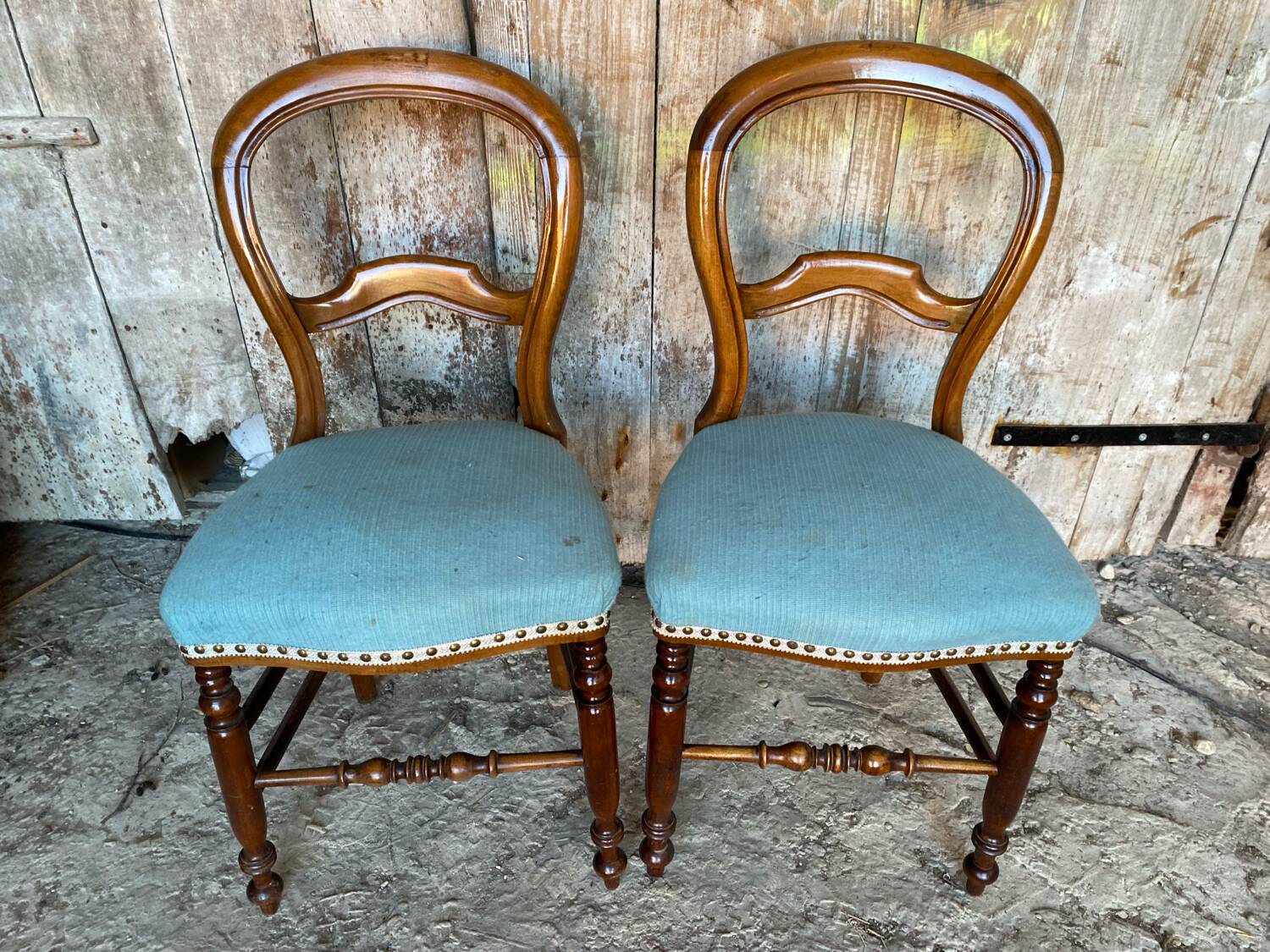 Pair of antique louis philippe chairs wood + blue vintage fabric seat