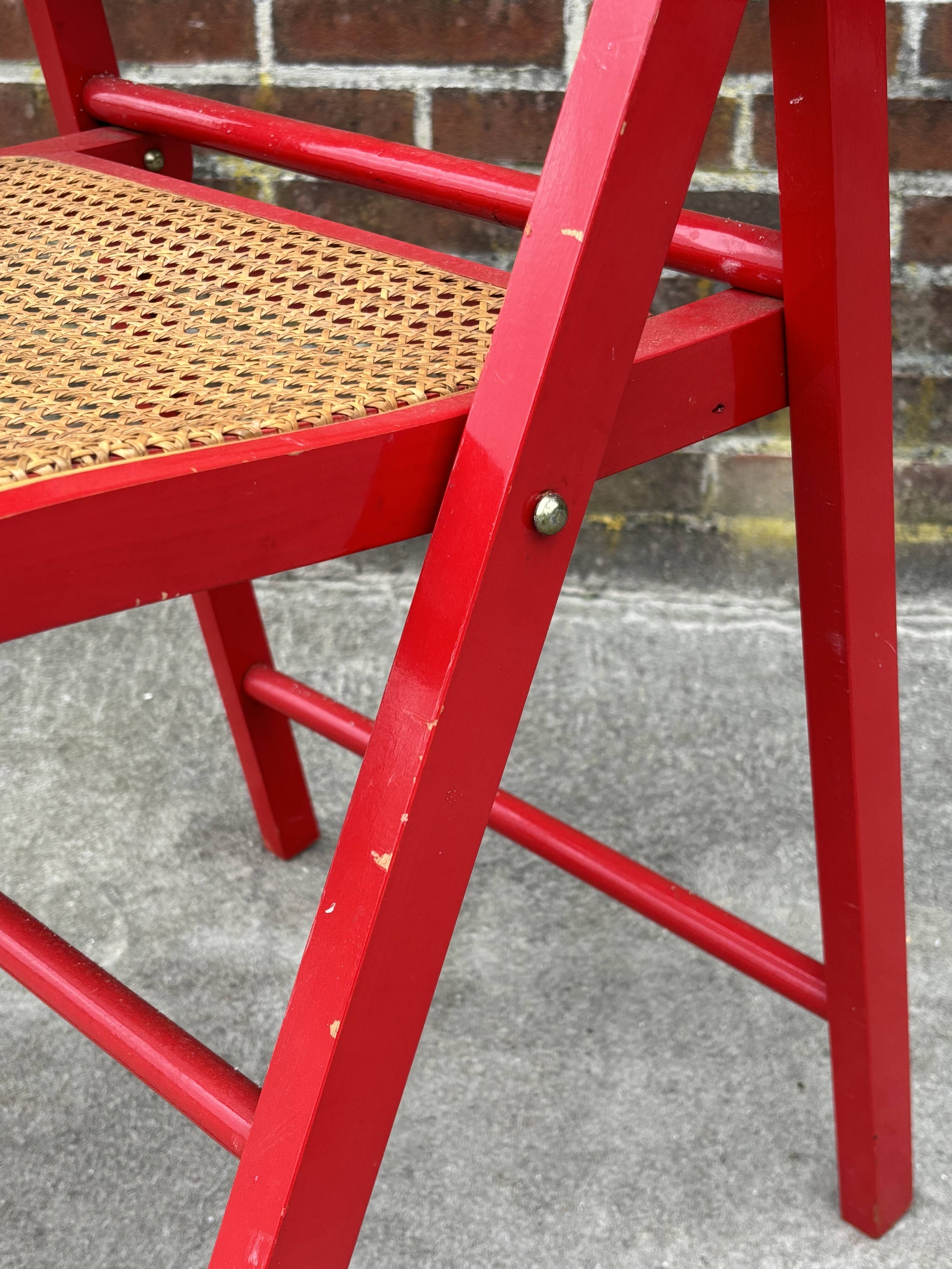Vintage  Mid-Century Woven Cane Folding Chair  1960s in red cesca style