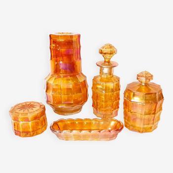 Art deco toilet set - five pieces - iridescent orange glass by j. inwald