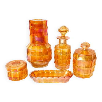 Art deco toilet set - five pieces - iridescent orange glass by j. inwald