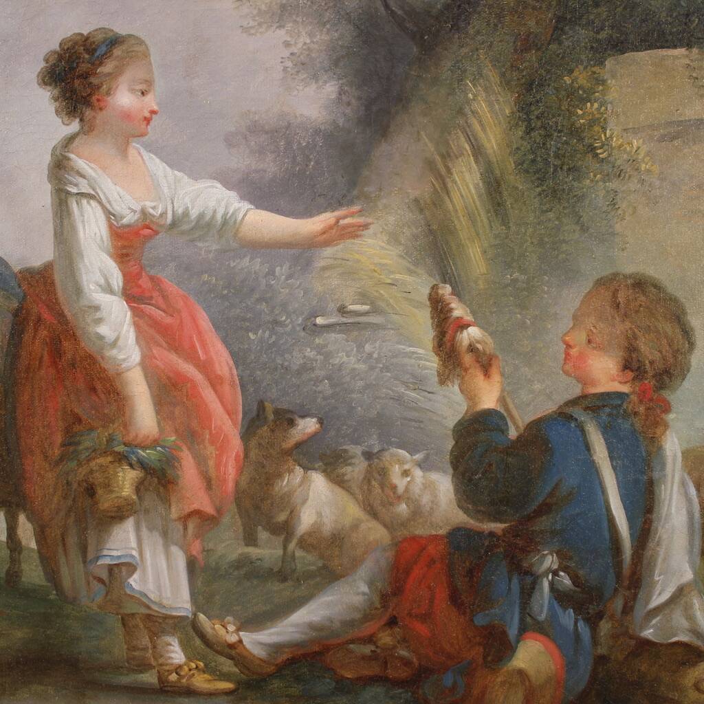 Great 18th century French painting, romantic pastoral scene