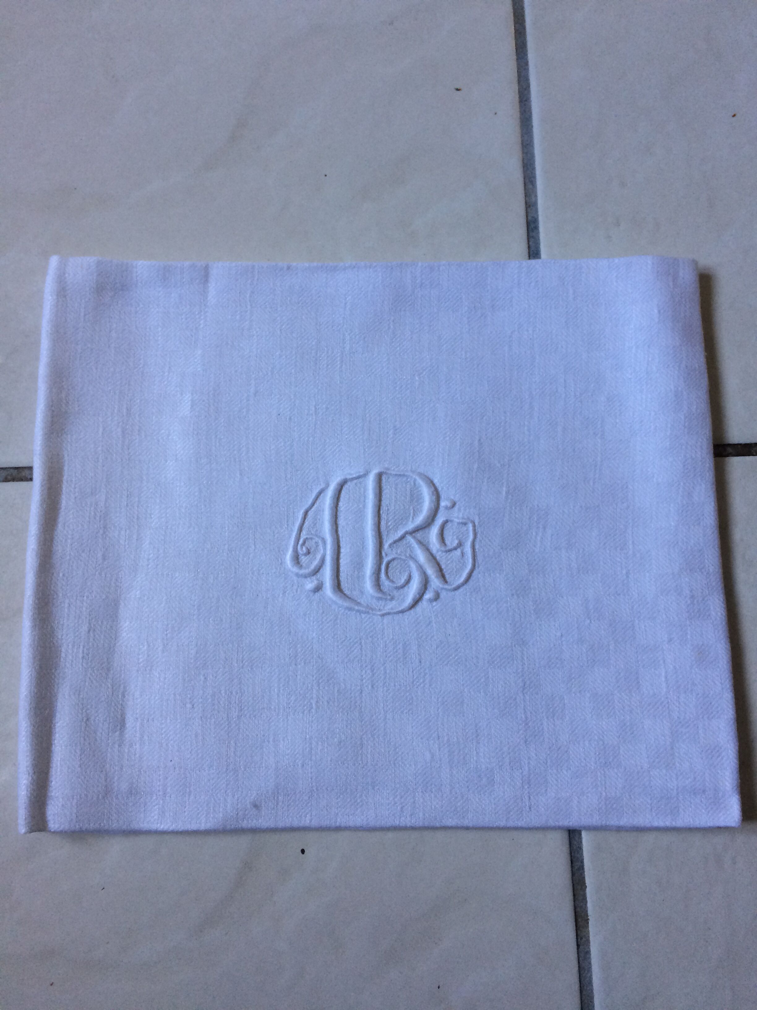 Old damask tablecloth with monogram and 12 identical towels