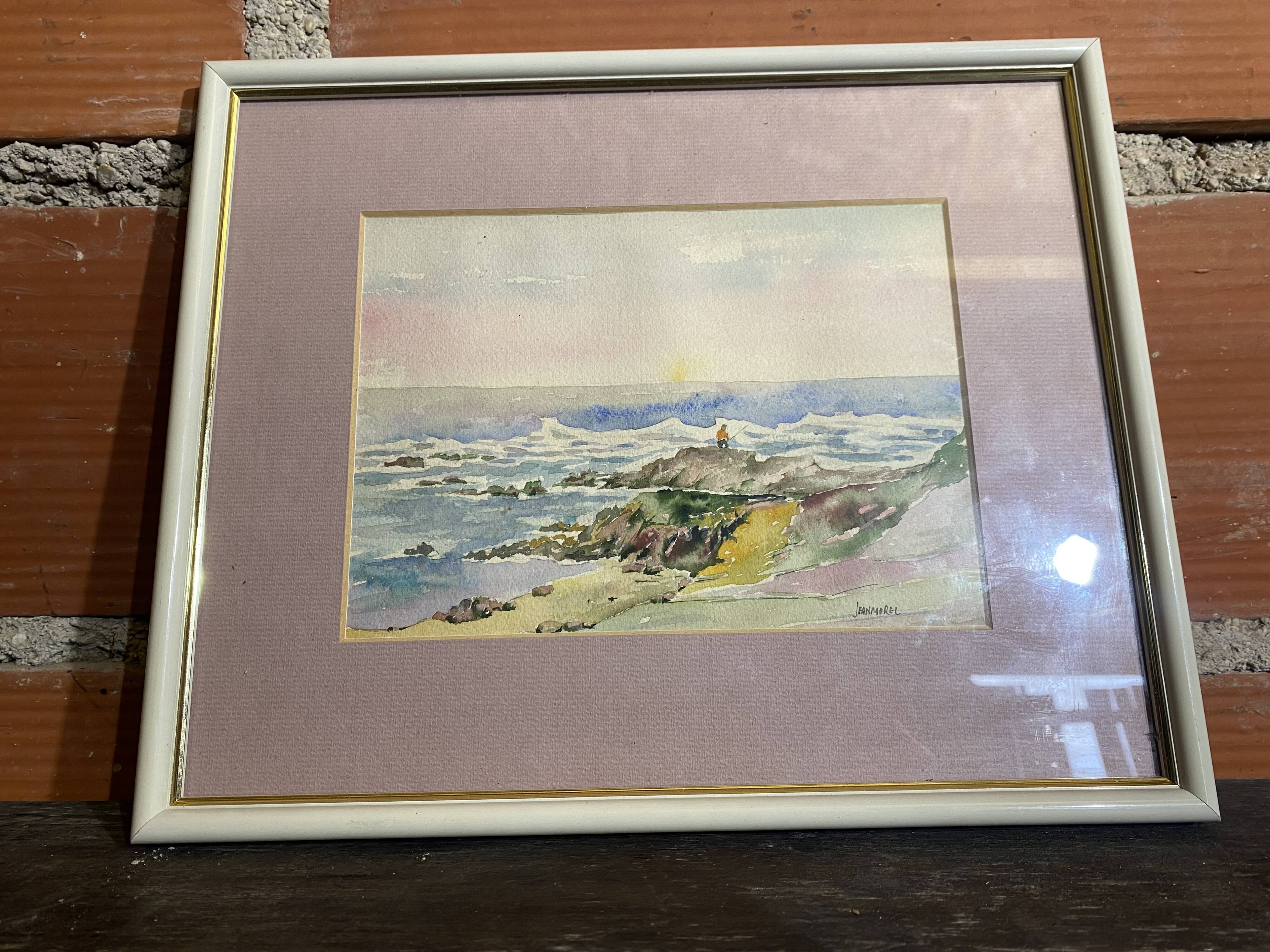 Aquarelle Sur Papier JEAN MOREL Vue Bord De Mer + Cadre Bois Blanc Vintage