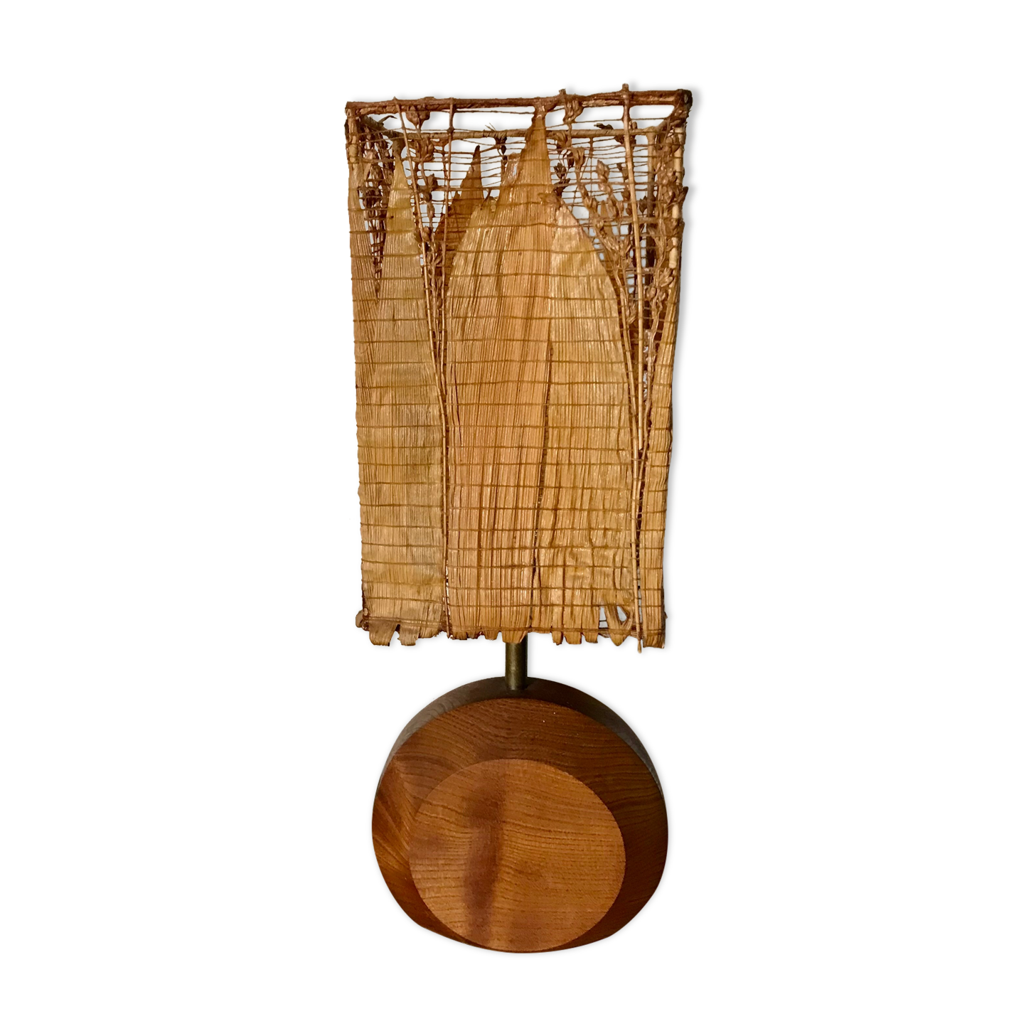 Teak lamp and corn leaf lampshade, circa 1980