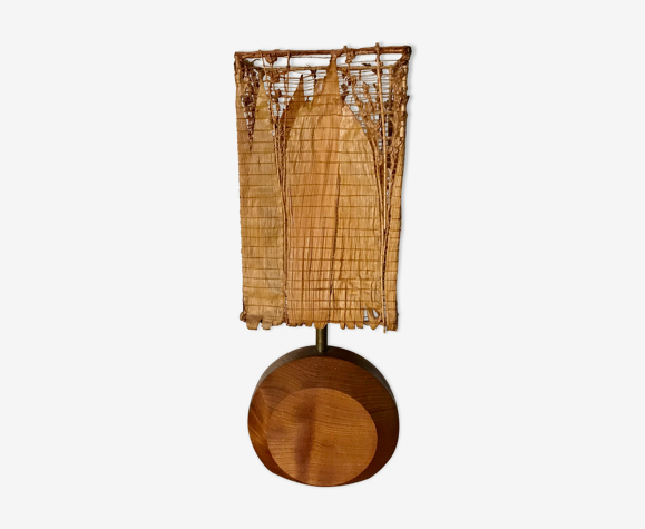Lampe en teck et abat-jour feuille de maïs, circa 1980