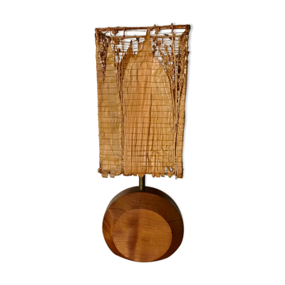 Lampe en teck et abat-jour feuille de maïs, circa 1980
