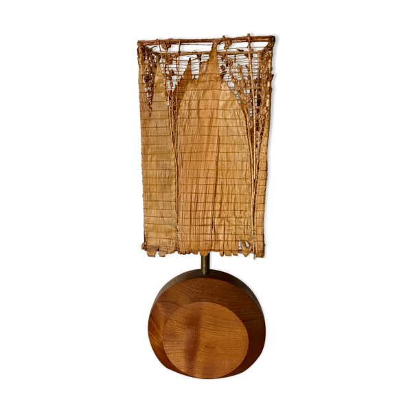 Lampe en teck et abat-jour feuille de maïs, circa 1980