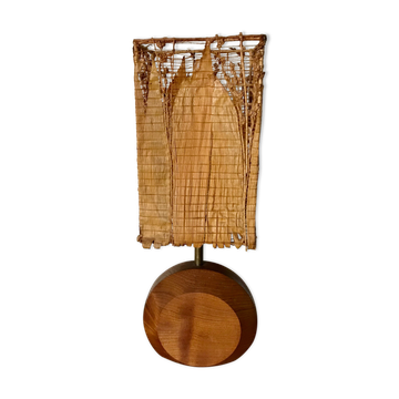Teak lamp and corn leaf lampshade, circa 1980