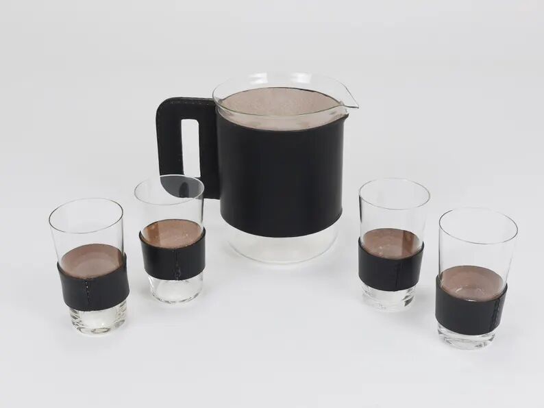 Carl Auböck Martini Set Black Leather Pitcher & Glasses, Austria, 1950s