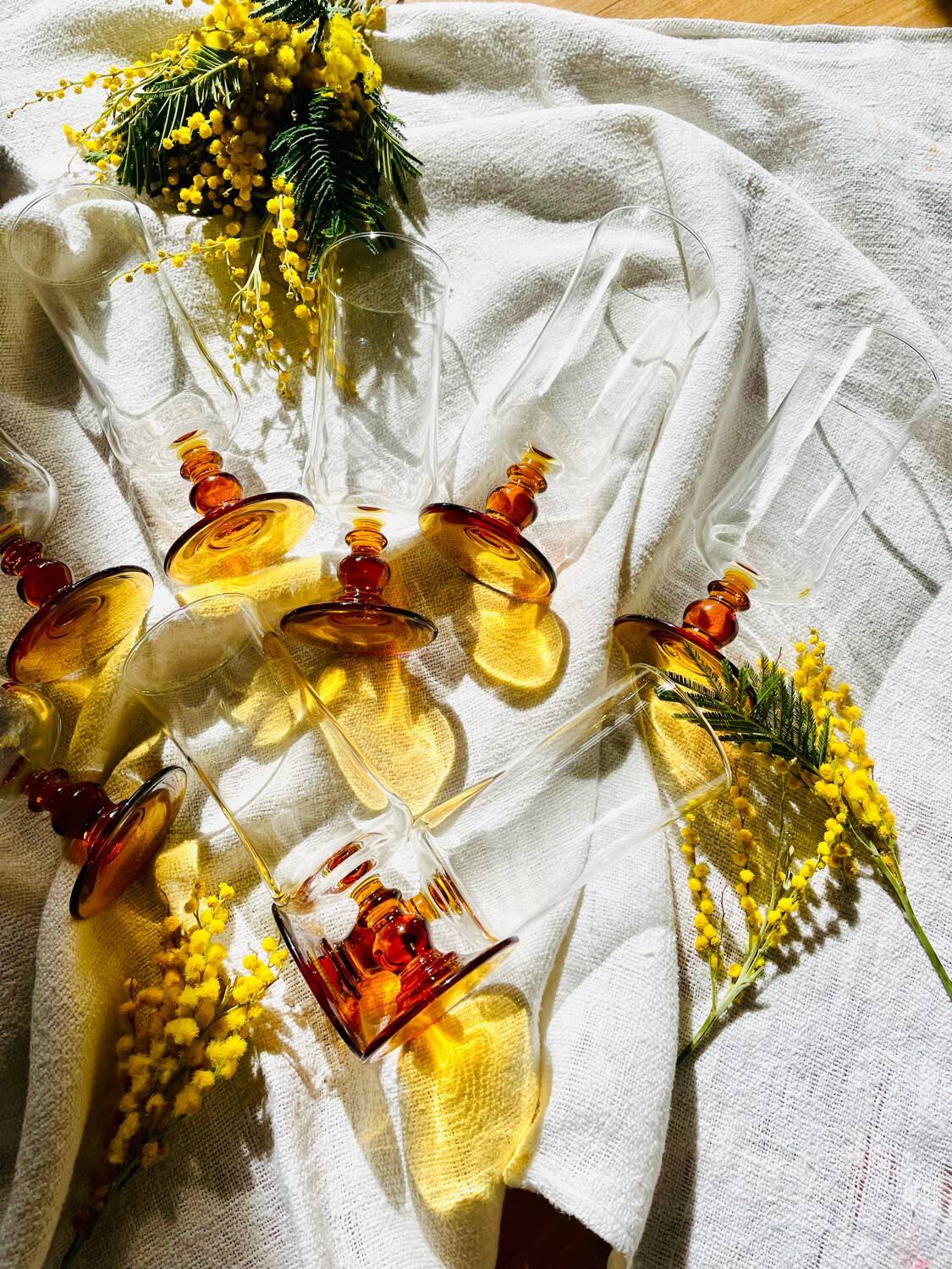 Set of 8 vintage amber glass champagne flutes