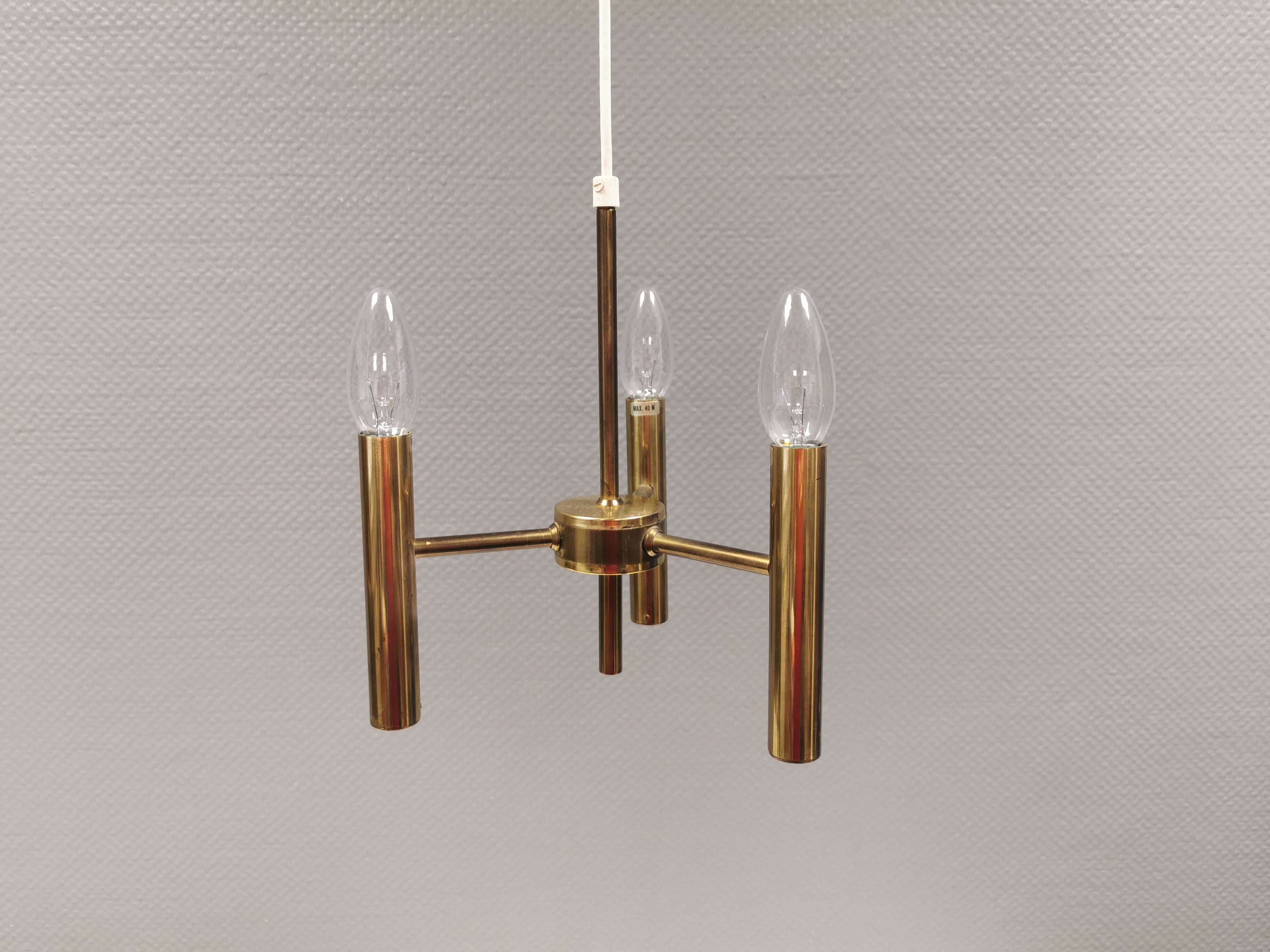 Chandelier with 3 light sources, made of metal and brass. 1960-70s