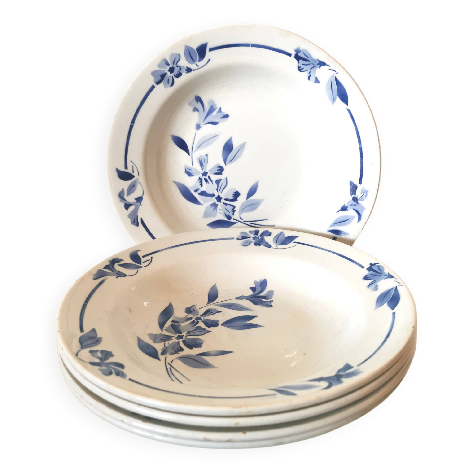 set of 5 Creil et Montereau soup plates, blue flower pattern