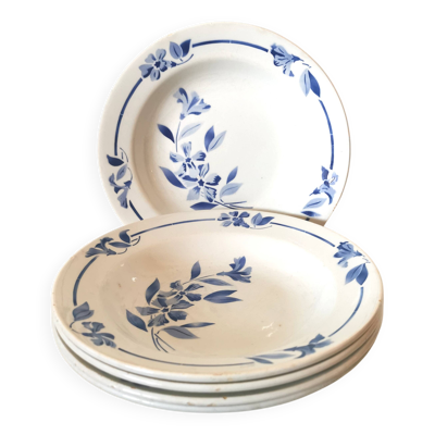 5 assiettes creuses Creil et Montereau , motif fleurs bleues