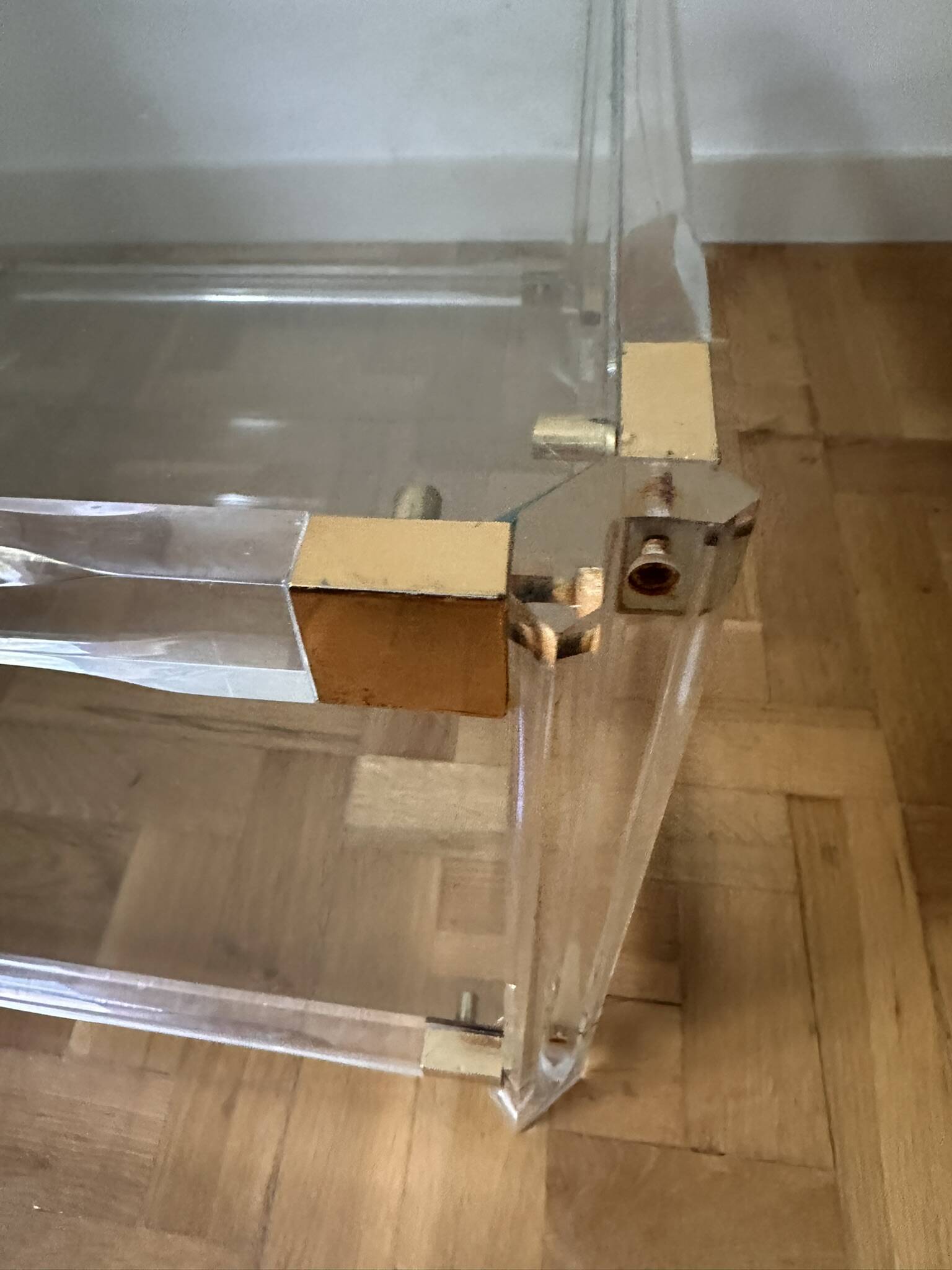 2 plexiglass, brass and glass coffee tables, circa 1970