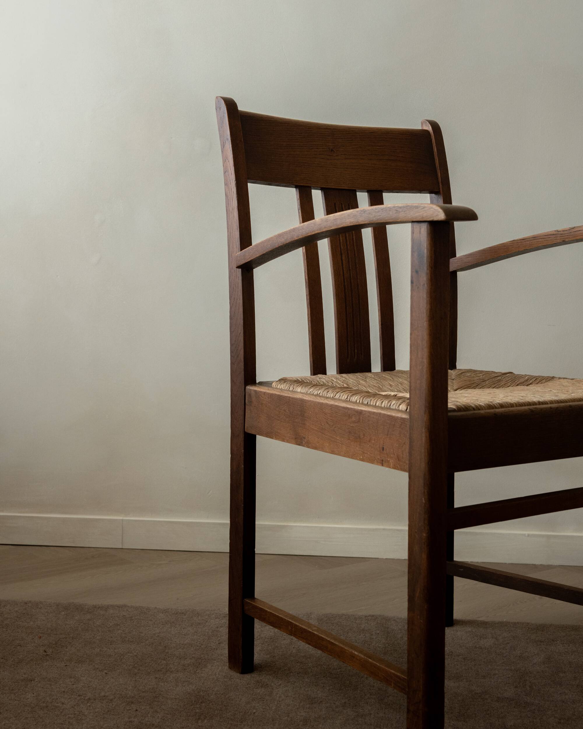 Dutch Art Deco Oak and Rush Armchair, Amsterdam School, 1920s
