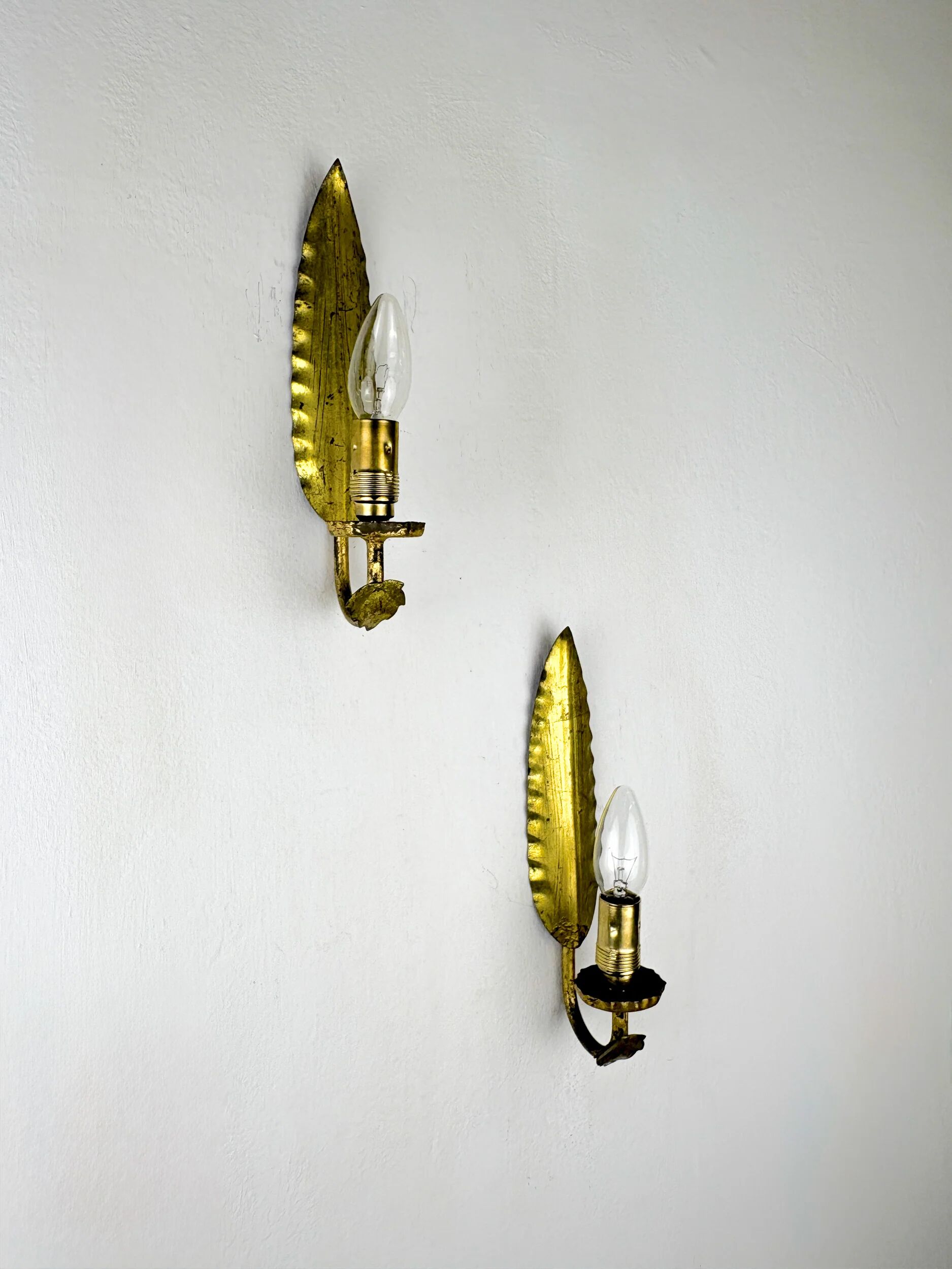 Pair of Spanish foliage wall sconces, leaf arms & bud shades, gilt iron, 1970s