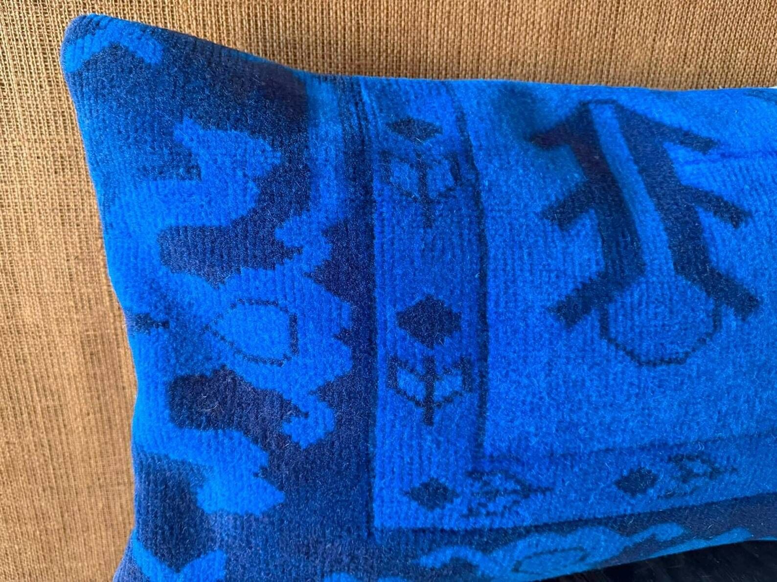 Electric Blue Vintage Turkish Rug Pillow, Hand-Stitched Wool Cushion
