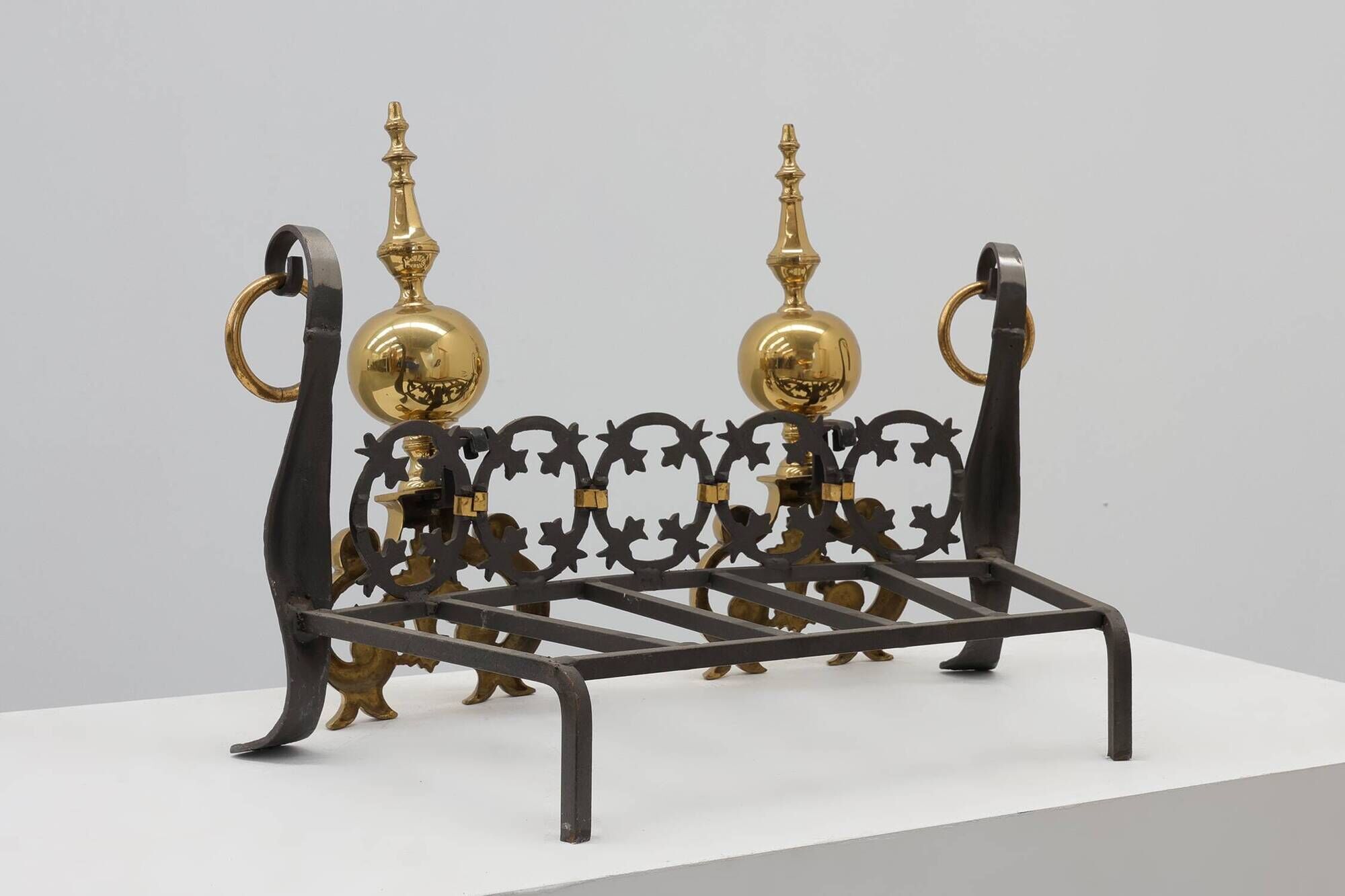 Pair of French Brass Firedogs and Wrought Iron Fireplace Grate, 20th Centur