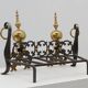 Pair of French Brass Firedogs and Wrought Iron Fireplace Grate, 20th Centur
