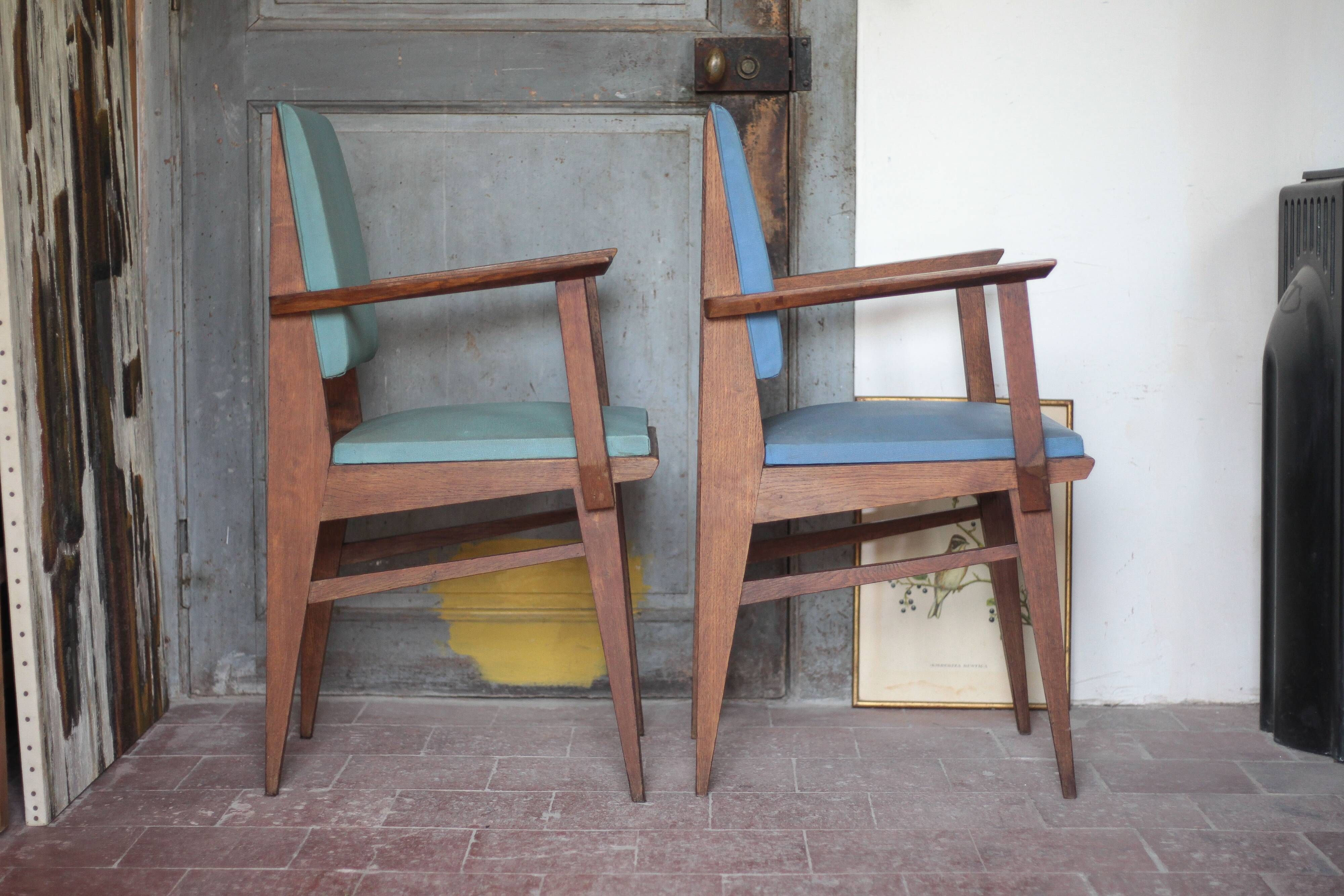 Pair of wooden bridge armchairs from the 1950s, vintage chairs.