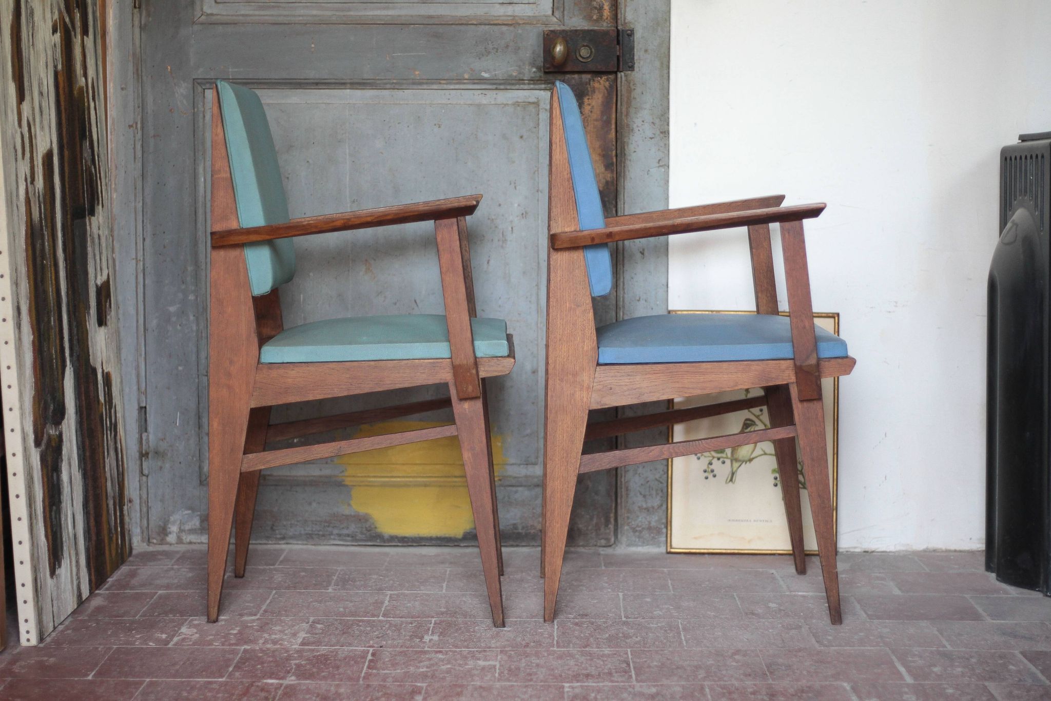 Pair of wooden bridge armchairs from the 1950s, vintage chairs.
