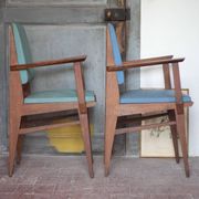 Pair of wooden bridge armchairs from the 1950s, vintage chairs.