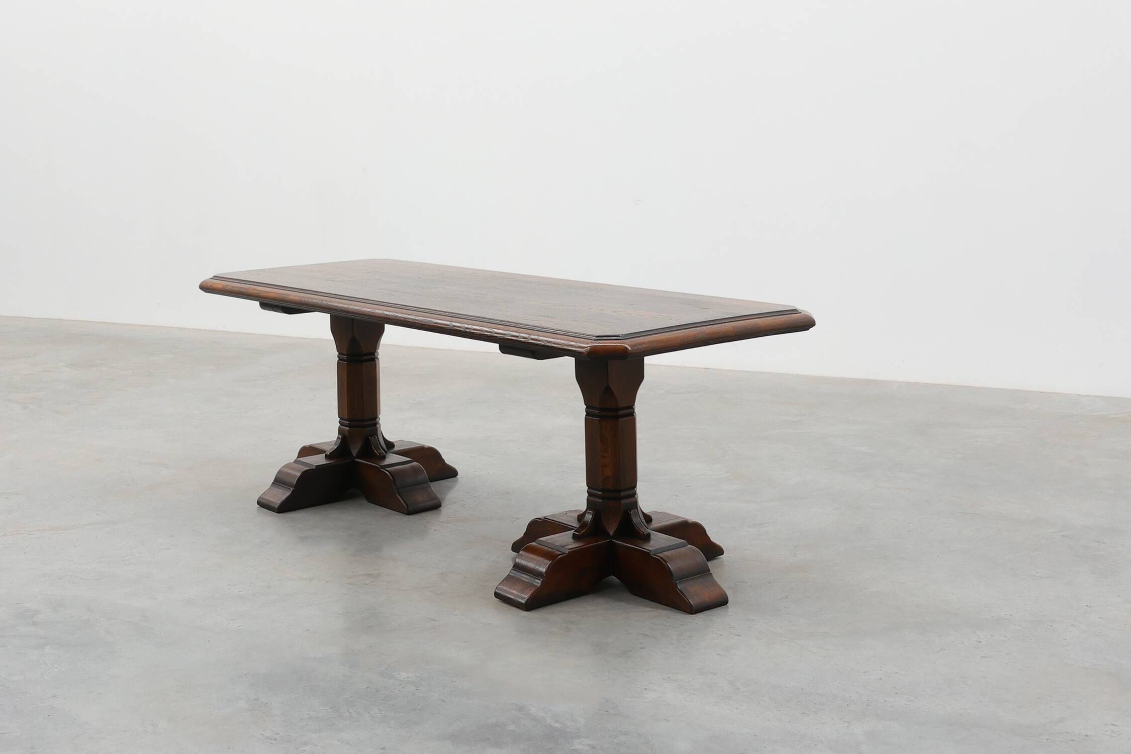 French Refectory Style Oak Dining Table with Turned Double Pedestal Base, 2