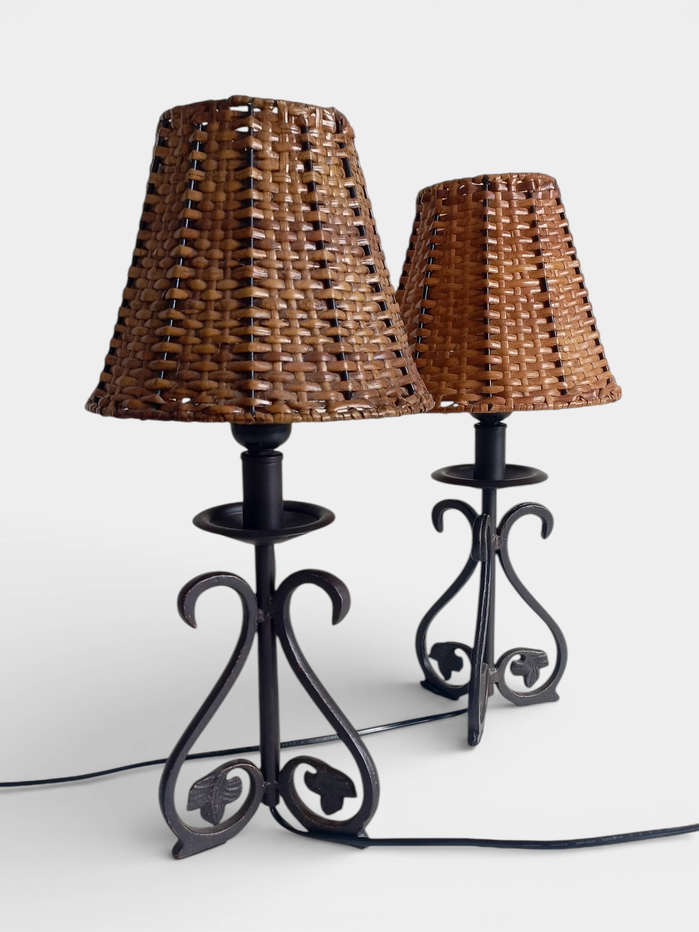 Spanish Hand Forged Wrought Iron Table Lamps with Hand Woven Wicker Shades