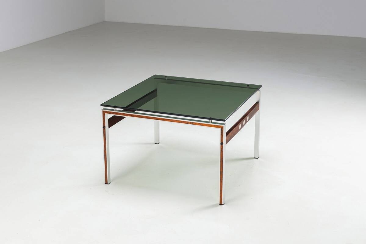 Scandinavian coffee table in metal, teak and smoked glass Denmark 1960