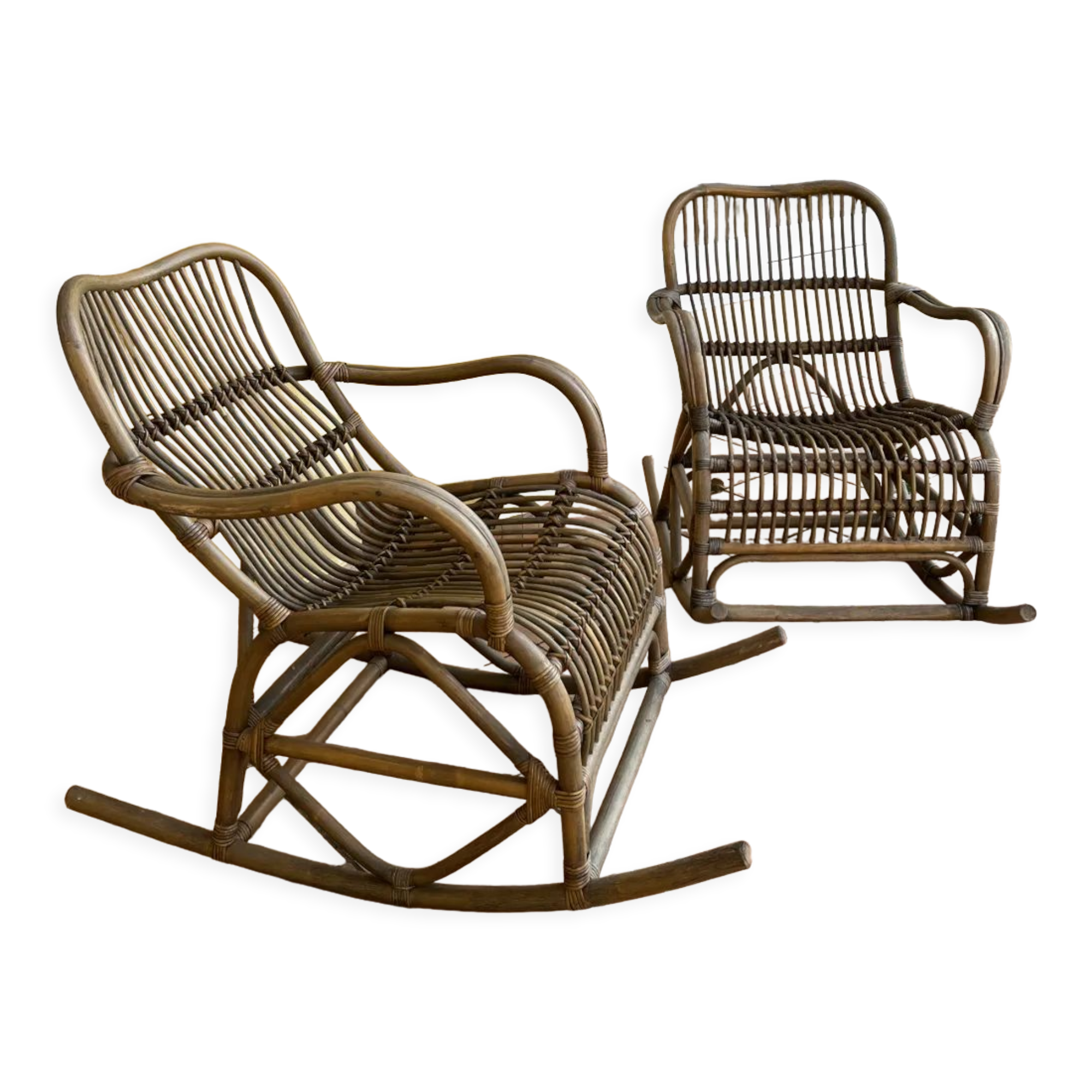 Pair of rocking-chairs in rattan 70s
