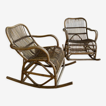 Pair of rocking-chairs in rattan 70s