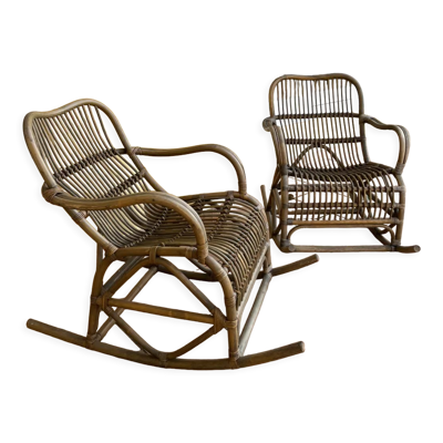 Paire de rocking-chairs en rotin années 70