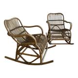 Pair of rocking-chairs in rattan 70s