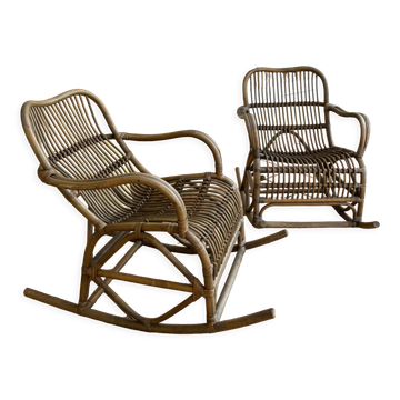 Paire de rocking-chairs en rotin années 70