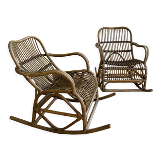 Pair of rocking-chairs in rattan 70s