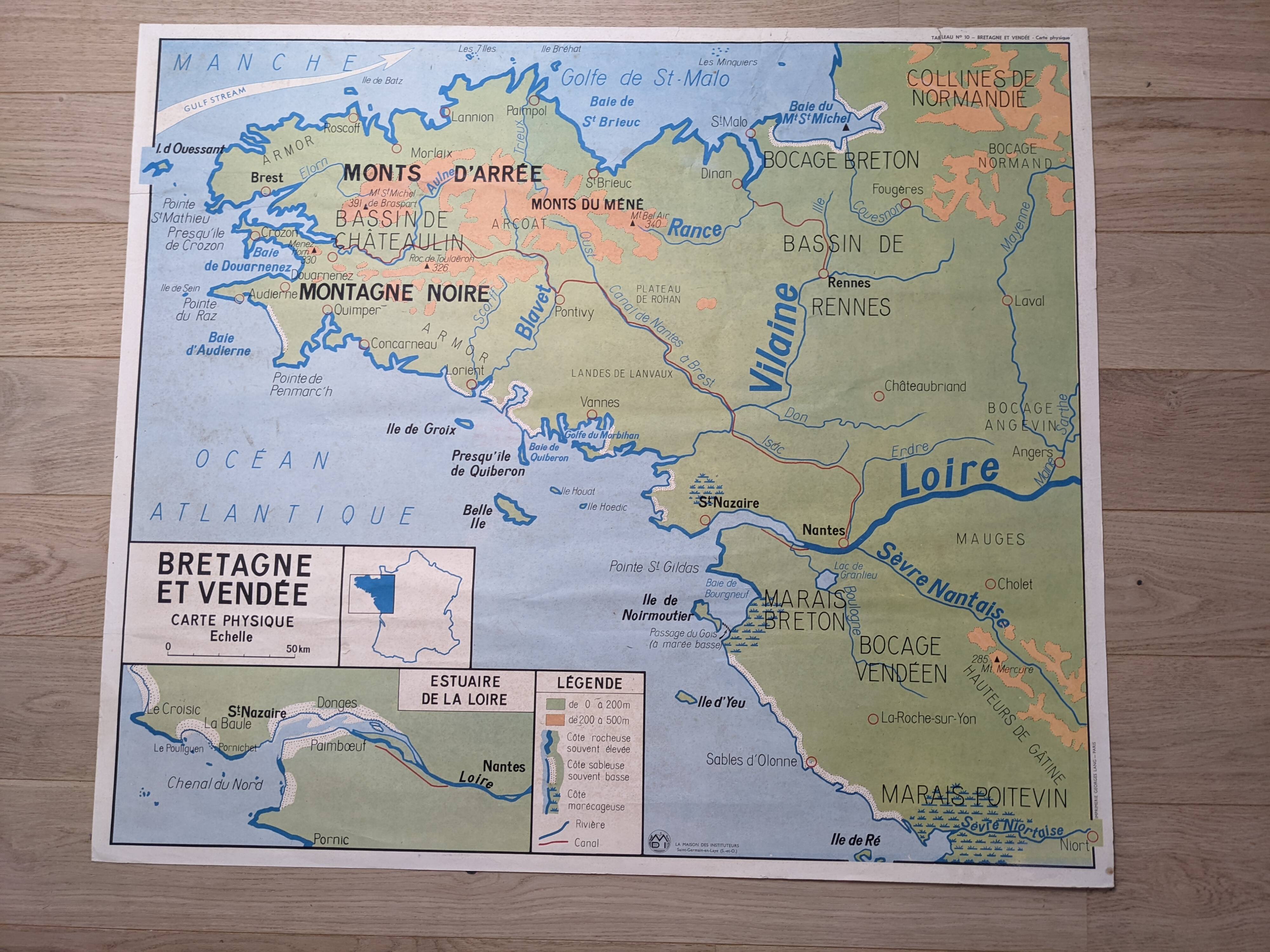 Old vintage school poster 60s Pays de la Loire Bretagne Vendée