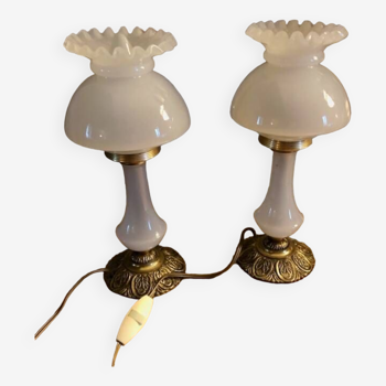 Lampes à poser opaline et bronze