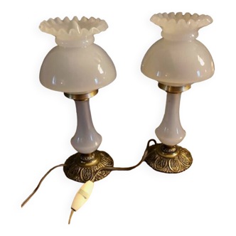 Lampes à poser opaline et bronze