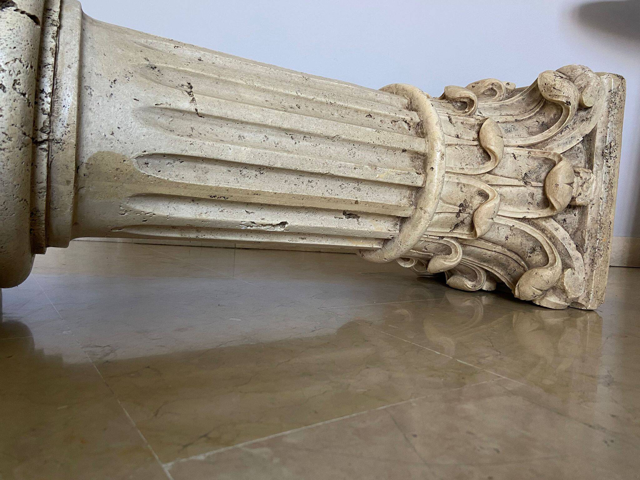 Pair of columns, corinthian style capitals in travertine, italy 1940s