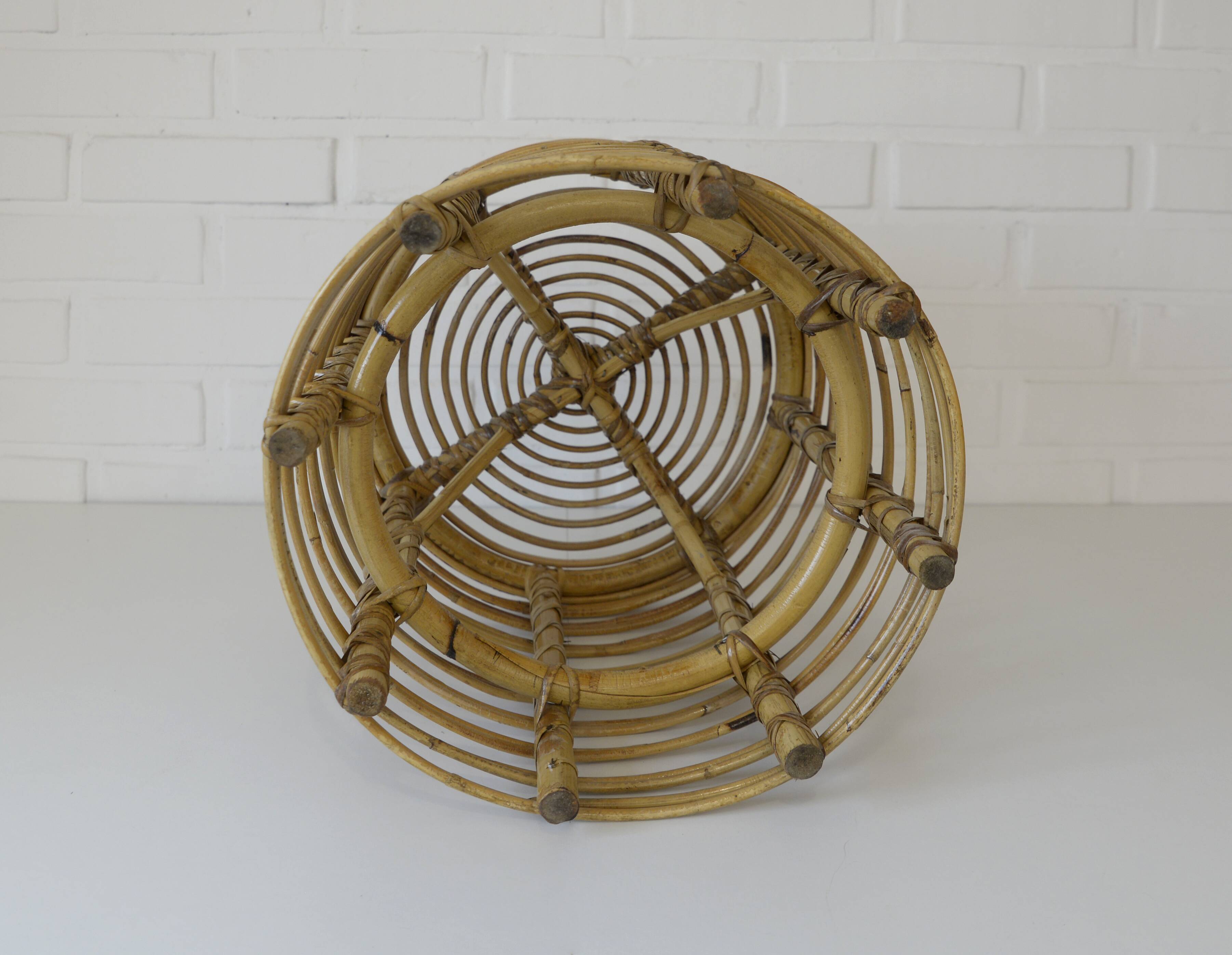 Vintage bamboo stool rattan plant stand mid-century wicker side table