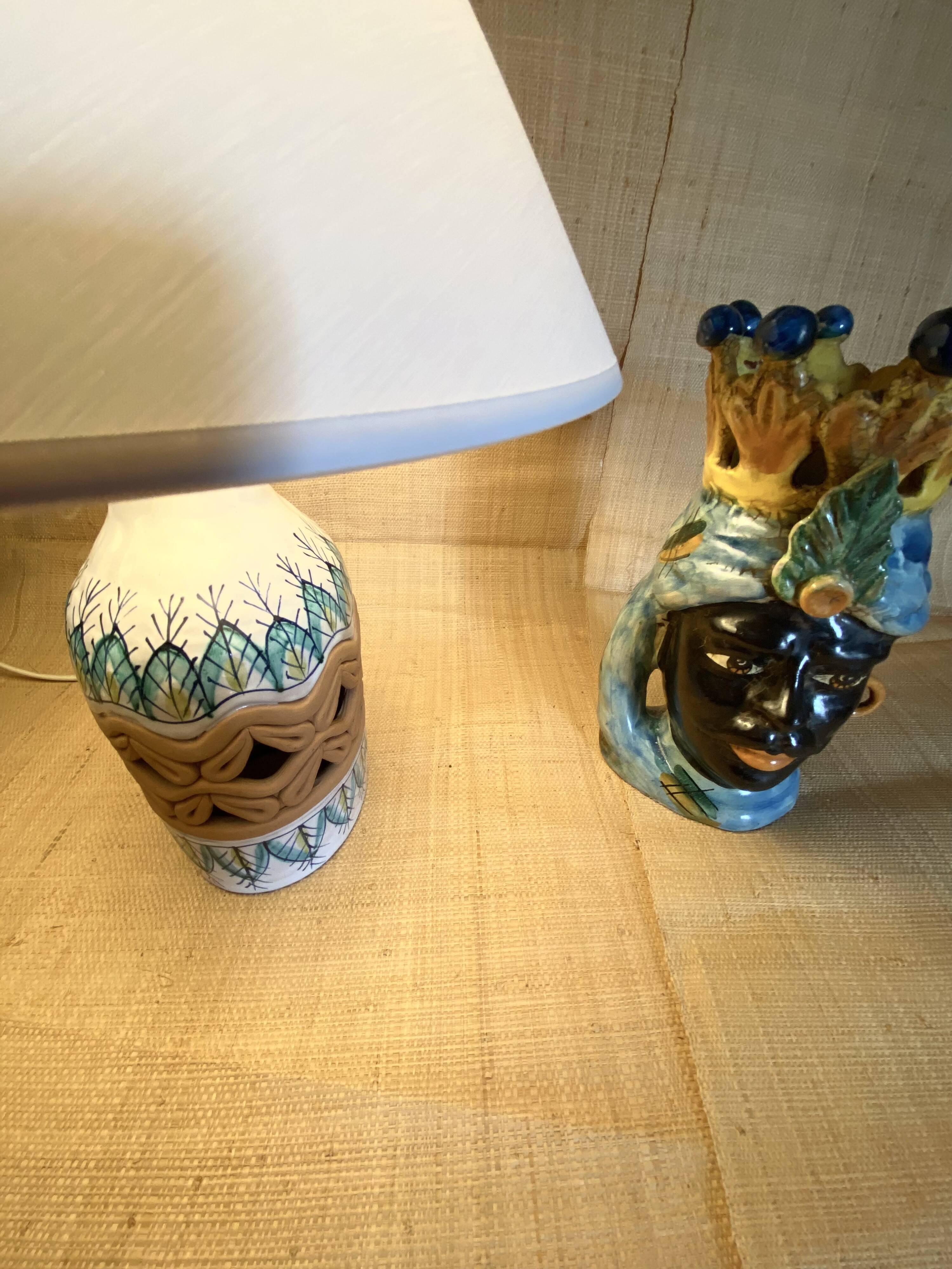 Lampe en céramique italienne, abat-jour en coton