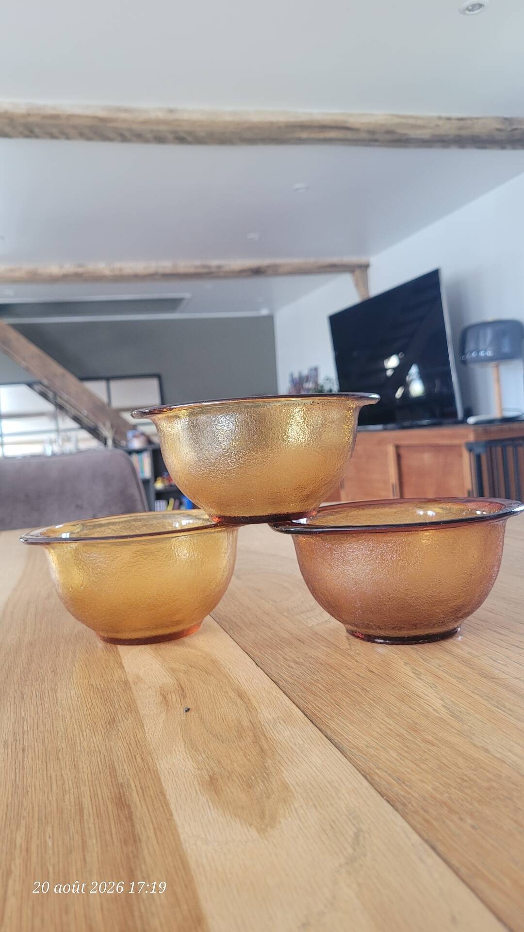 3 frosted glass bowls, amber