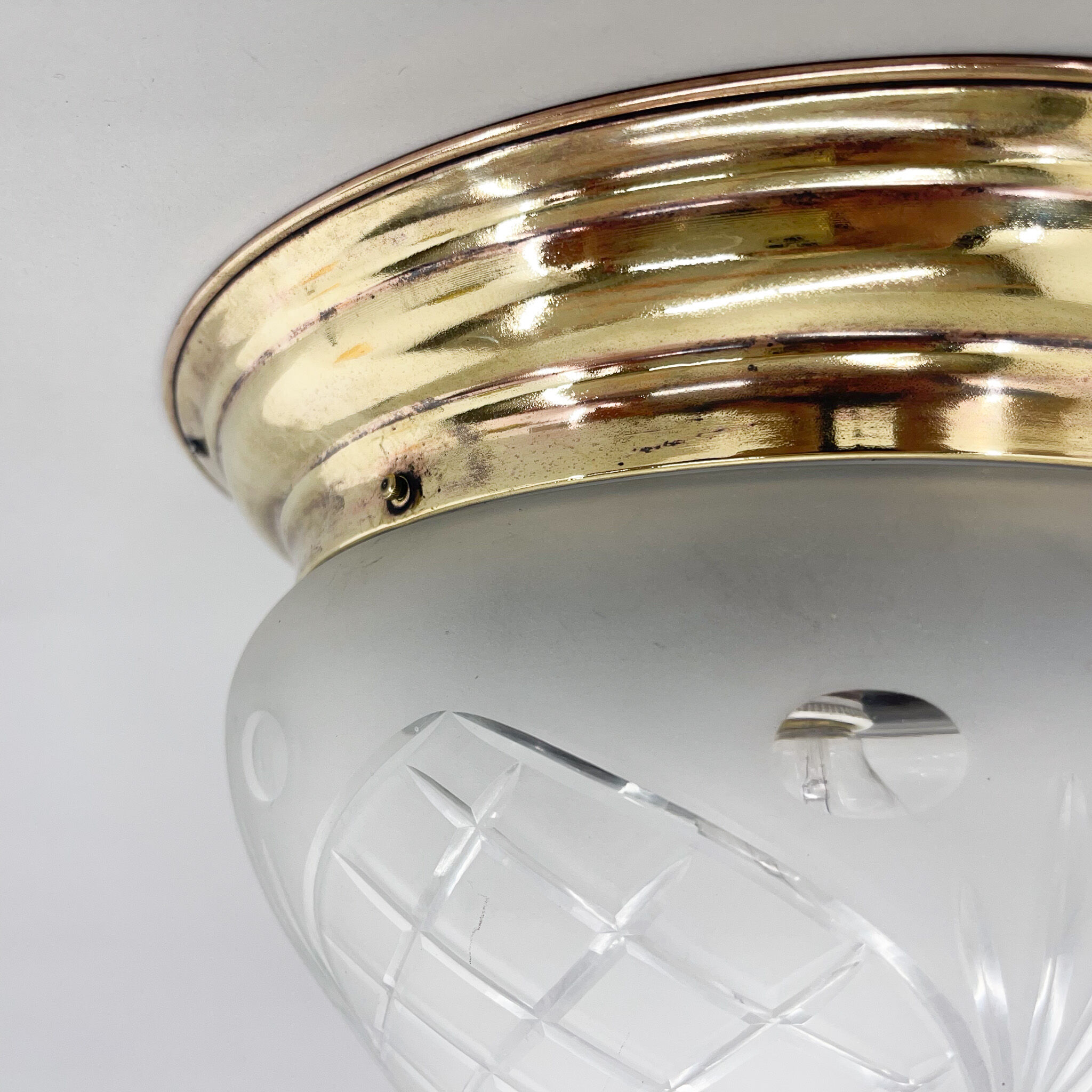 Art deco brass & cut glass flush mount, czechoslovakia