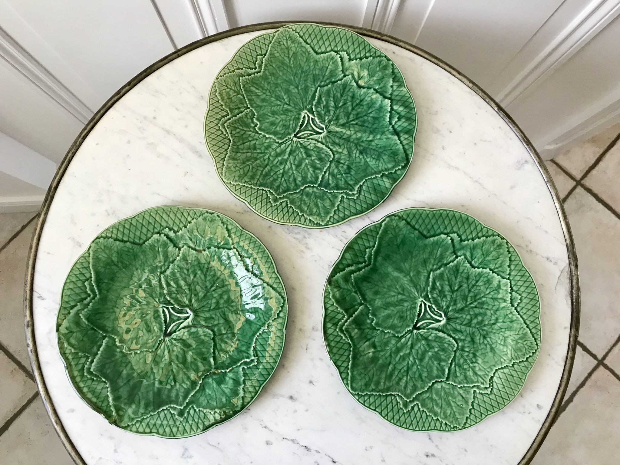 Trio of dessert plates gien model leaves in slip 50s